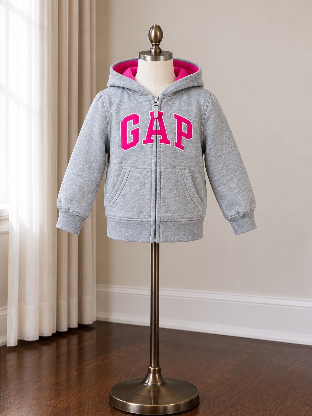 GAP Gray Zip Hoodie with Hot Pink Logo